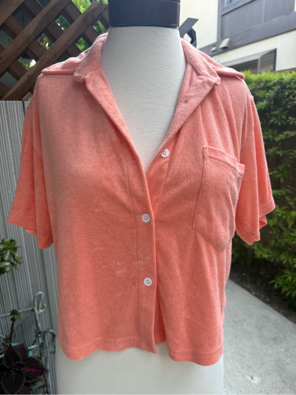 Women's Coral Terry Short-Sleeve Button-Down Shirt